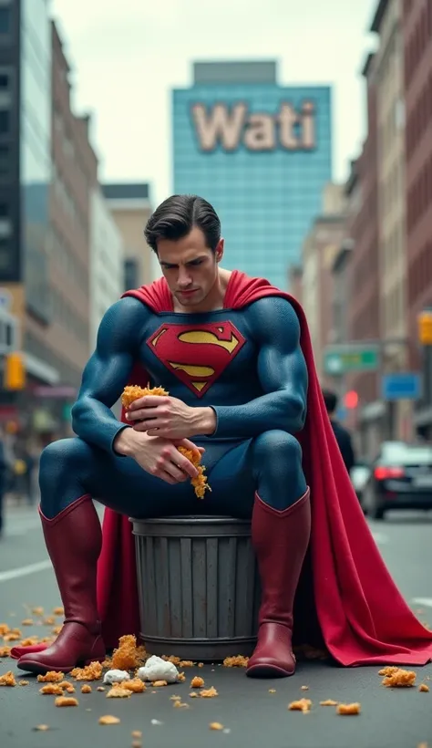 make a super hero photo of superman, he is sitting near the trash can, he is eating leftover food, in the middle of the city, he is sitting listlessly, there is a building that says "Wati official", realistic photo, ultra HD, 8k.