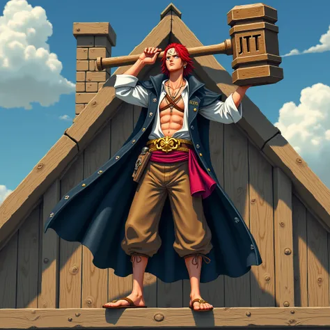 One Piece Shanks、「JTT」Im hitting the frame tree with a large wooden hammer engraved、Carrying 「JTT」and embroidery、3 long scratches on the left eye 、Slightly long red hair 、 long black cloak worn over the shoulder、 white shirt with open chest、 thick belt wit...