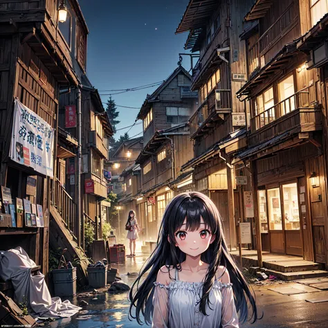 
(( masterpiece 、 top quality 、  Official Art 、  Detailed Anime  、Unity 8  ｋ wallpaper))、evening、night、((( 3 girls、Girl in summer clothes 、smile)))、( detailed face 、Poor conditions、abandoned hot spring town 、Battleship Island、shop、Showa Retro:1.2)、(dirty、B...