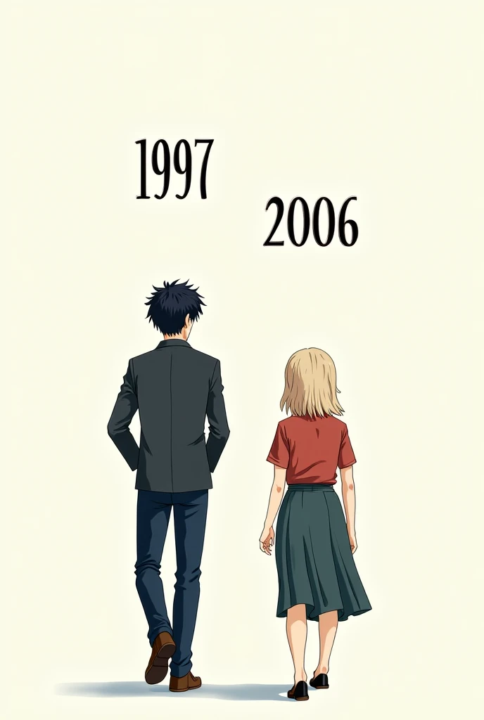 anime photo of a man with curly hair and a woman with straight hair walking together, it says man 1997 and woman 2006