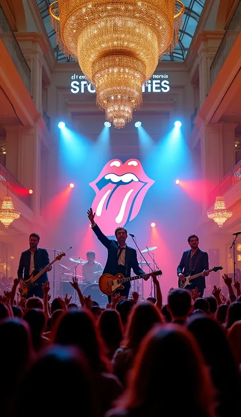 (photorealism:9.16),  A lively concert scene featuring a live performance of The Rolling Stones in the center of the malls grand and luxurious atrium.  The atmosphere includes magnificent chandeliers , gold and marble details ,  and the stage is decorated ...