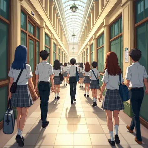 Background School in London. School hallway,elite school, aesthetic building, morning,Many students are walking, many,Students wear short white shirt,Black trousers, short gray plaid skirt,Bring a bag ,, facing backwards, Anime style