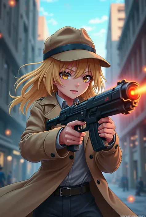 A young white girl ,  in detective clothing ,  blond hair ,  has a strange gun, anime style Bleach  