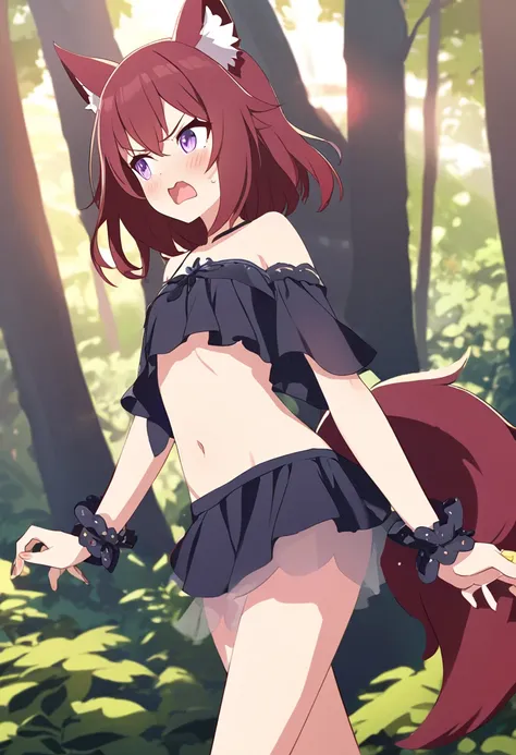  top quality 、 One Girl 、Wolf ears and tail、Cute single tusk、Shiny red hair、 shortcuts、 purple eyes、 in the woods、The sun shines in、 slender body、Slender legs、Tiny breasts、black fur ankles and wristlets、 stomach are exposed、 angry face、blush