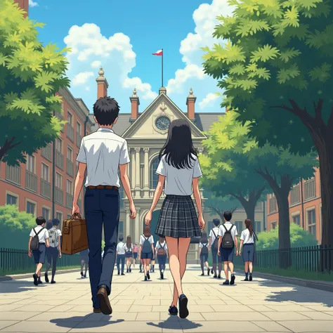 Background School in London. elite school, aesthetic building, morning,Many students are walking, many,Students wear short white shirt,Black trousers, short gray plaid skirt,Bring a bag ,, facing backwards, Anime style