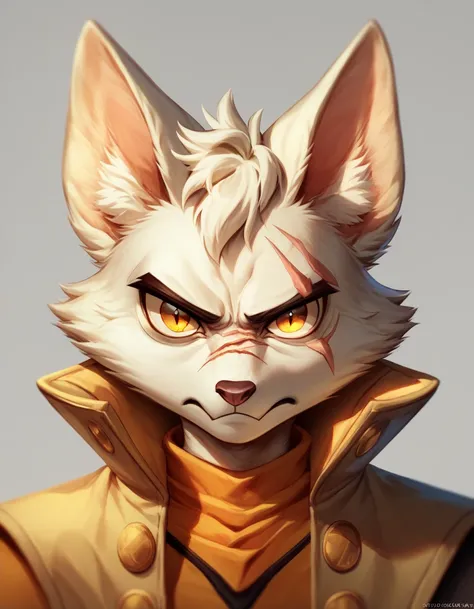  Kaelen is a young anthropomorphic fox with a soft and shiny coat of a vibrant orange.  His ears are pointed , with the tip of pure white ,  and his large and expressive eyes ,  of warm amber that reflects curiosity and determination .  His face is youthfu...