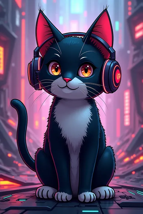 Black and white cat with headphones with stylish PC gamer background, Drawn and Cartoon 