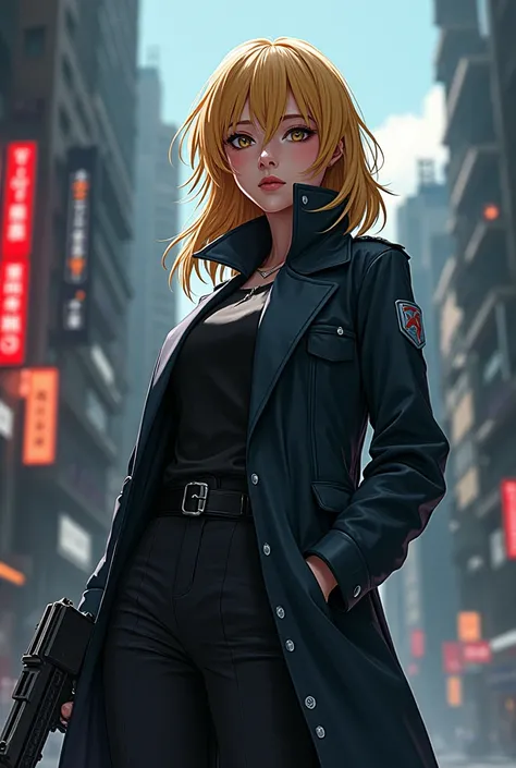 Una chica adulta,  in detective clothing ,  blond hair ,  has a strange gun, anime style Bleach  