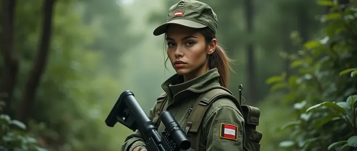 1 woman, beautiful, cute, detailed full body shot, wearing army camouflage uniform, cap, rifle, forest, camp