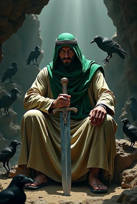 A stately and strong man wearing old Arab clothes, masked with a green scarf, carrying a terrifying Arab sword, sitting in a cave surrounded by ravens