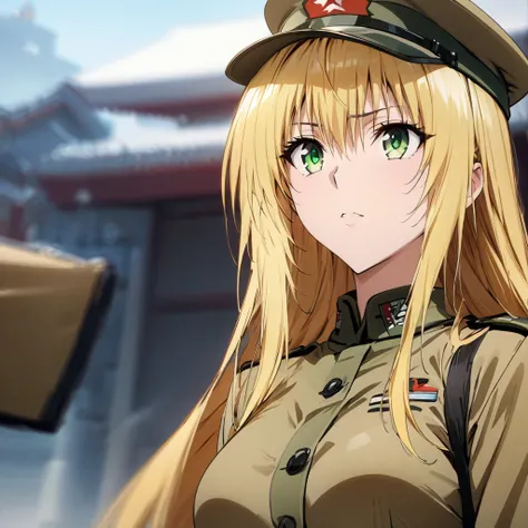 (( top quality )), ((masterpiece)), ( Details), （perfect face）、The blonde and green-eyed Tiayu Lunatique is wearing a khaki Chinese Peoples Liberation Army military uniform and a Chinese Peoples Liberation Army military cap