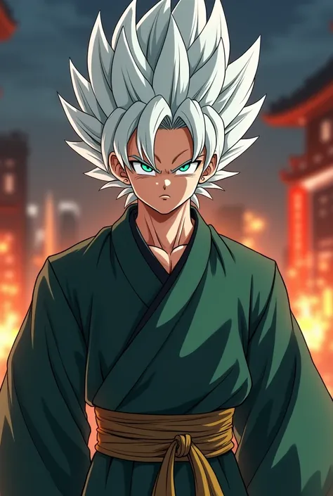  a male character from Anime,  style similar to Son Goku ,  Super Sayagins white hair ,  shivering up ,  white hair,  green eyes,  dark green kimono with light , Zaiko , villain face, From Dragon Ball AF ,  very detailed anime style ,  burning city backgro...