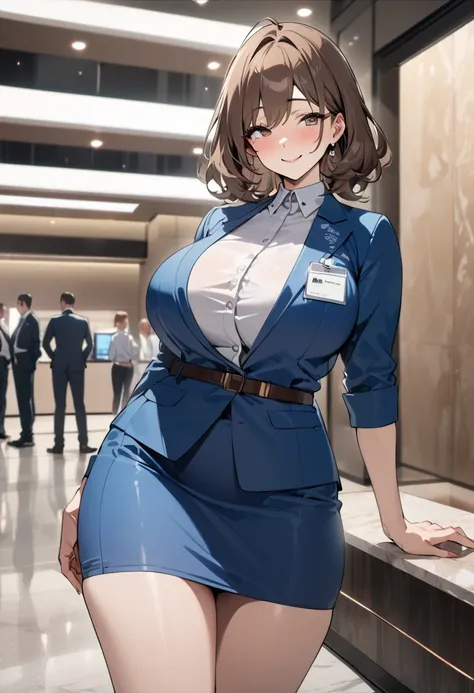 top quality, masterpiece,  high res, 8k,  anatomically correct human body, 1 girl, Alone, mature woman, 輝く瞳, (Expressive dark brown hanging eyes), ((( bright brown hair ))), Busty Wife, standing, (((cowboy shot))), Receptionists light blue uniform , ( Rich...