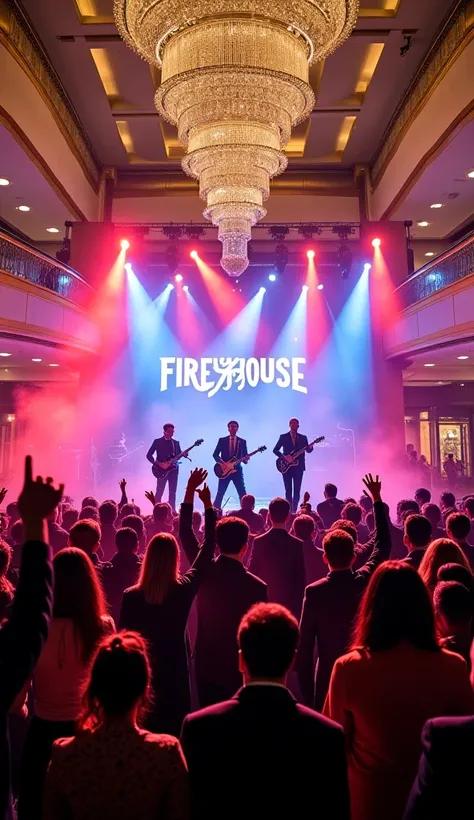 (photorealism:9.16),  A lively concert scene featuring a live performance of the Firehouse band in the center of the malls grand and luxurious atrium.  The atmosphere includes magnificent chandeliers , gold and marble details ,  and the stage is decorated ...