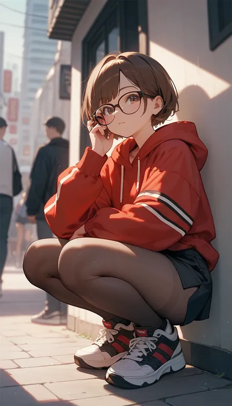 8k,best quality,master quality,1girl,more detailed face,glasses,brown hair,short hair,red hoodie,black mini skirt,pantyhose,sneakers,squatting,street