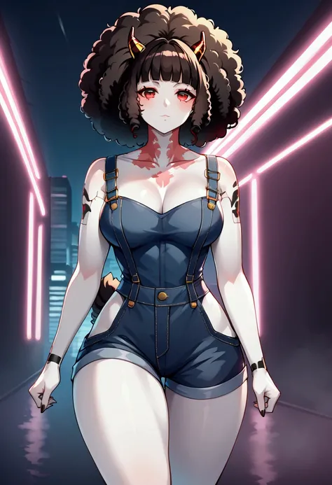 Beautiful woman, with curly horns, goat tail, albino afro hair, wearing futuristic black overalls with lights running through, red eyes, white skin, with black tattoos, cyberpunk style woman, cyberpunk style city (with neon lights) in the background.