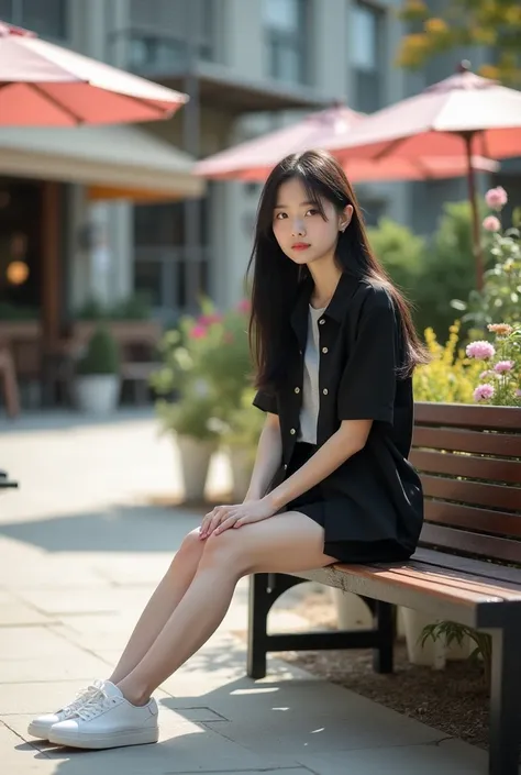 Stylish photography, Korean beautiful teenage girl, with long, straight black hair and light skin, sits on a wooden park bench.  She appears to be of East Asian descent.  Shes wearing a black, collared button-up jacket over a light-gray or white short-slee...