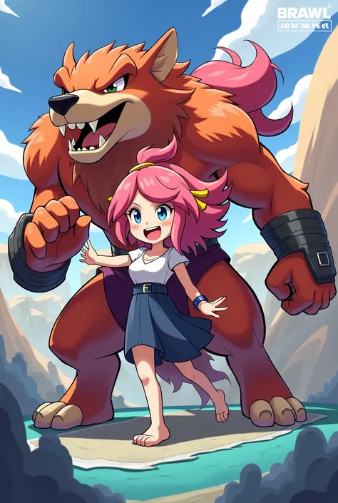 Make me an image of the character Fang from the game Brawl Stars and Torako Koshi from the anime Shikanokonokonoko Koshi Tan Tan