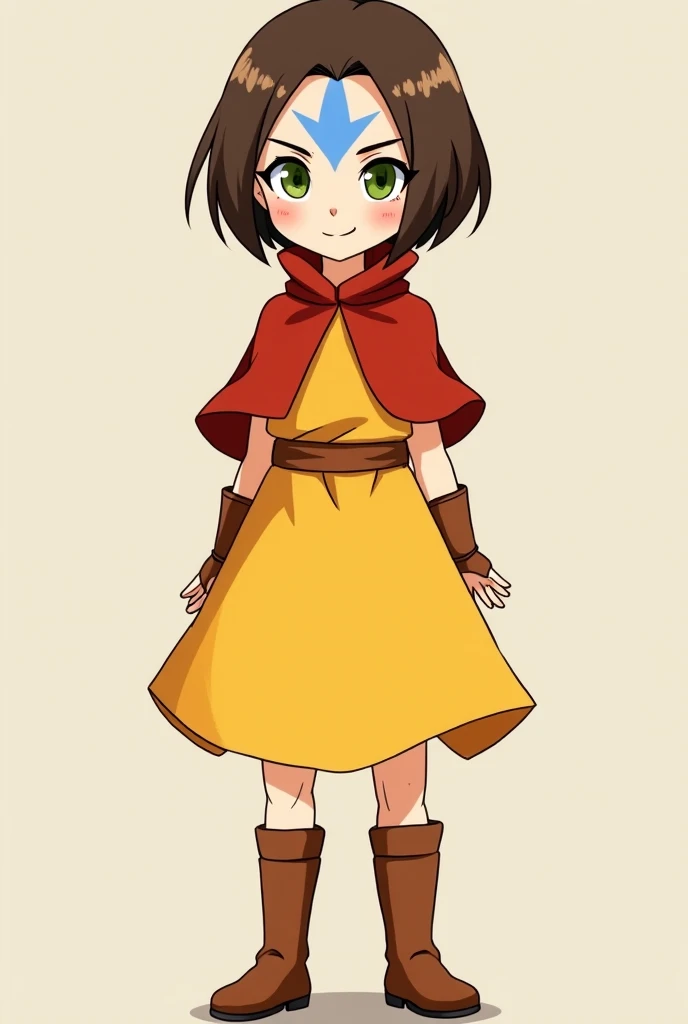  A girl with short brown hair ,  green eyes, PIEL BLANCA,  is dressed like the air nomodas , She has a yellow dress,  with somewhat long brown boots ,  a belt in the middle of the suit and a red poncho , He has a blue arrow drawn on his forehead , who runs...