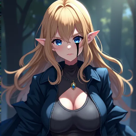 A woman with dark blond hair ,  Blue Eyes,  Big breasts , Dark blue jacket,  anime style ,  Elfs Ear, AND THAT THERE IS A BLACK TEAR MARK ON THE FACE AND THAT IS VERY SIMILAR TO THE REFERENCE IMAGE 