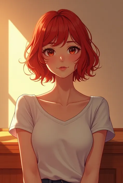 She is wearing an white top , , ella posa standing c. Her short wavy red hair and ruby red bangs add a vibrant touch, mientras que el ambiente interior con Soft lighting crea un equilibrio, a slightly playful atmosphere.short red elo with fringe , standing...