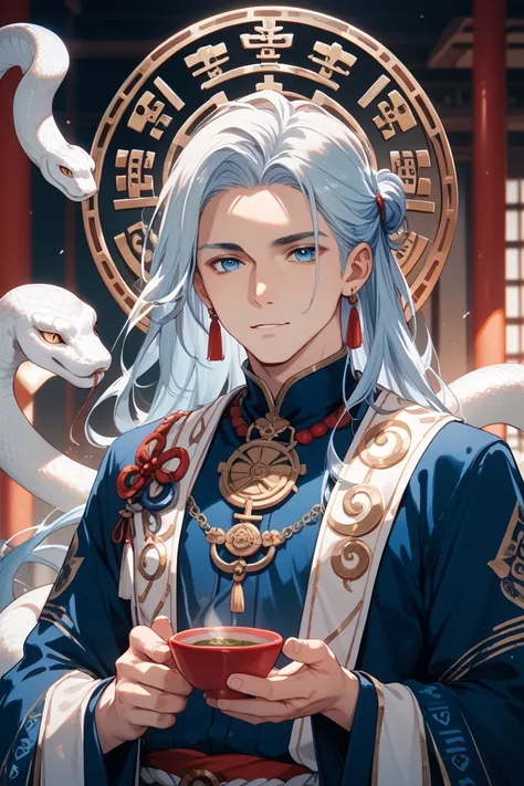 Male/White snake/, cool tea /deity/Ancient China/Long hair/Blue and White /ornamentation/ Accessories 