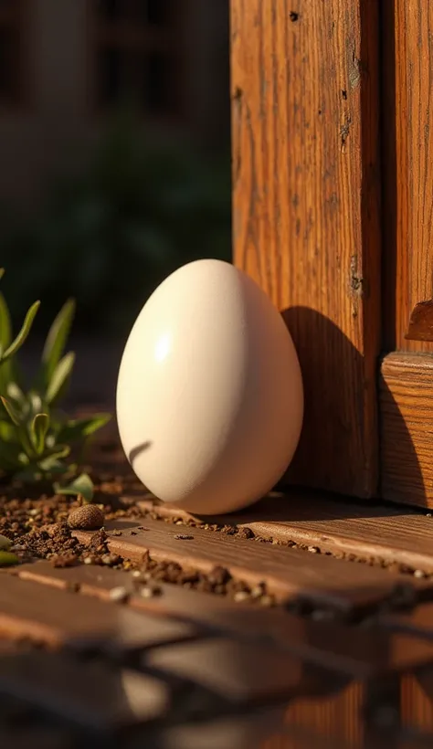 Chicken egg on the closed door of a house 