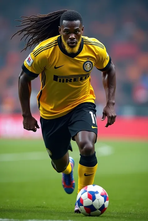 A football player with black skin and long hair and a yellow beard who plays for Inter Milan.