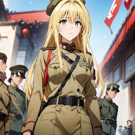 (( top quality )), ((masterpiece)), ( Details), （perfect face）、The blonde and green-eyed Tiayu Lunatique is wearing a khaki Chinese Peoples Liberation Army military uniform and a Chinese Peoples Liberation Army military cap、A beautiful female soldier loyal...