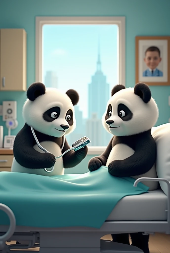 Two pandas in a hospital room one is a doctor and the other is apatient 