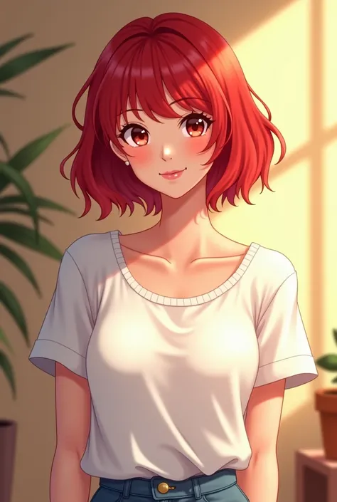 She is wearing an white top  , , ella posa standing c. Her short wavy red hair and ruby red bangs add a vibrant touch, mientras que el ambiente interior con Soft lighting crea un equilibrio, a slightly playful atmosphere.short red elo with fringe , standin...