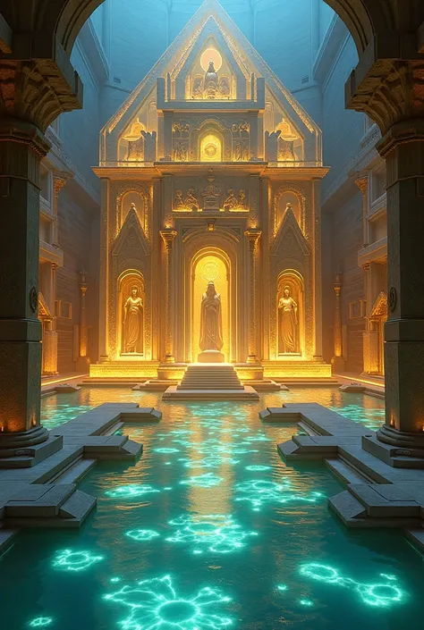 An Atlantean temple constructed of transparent, luminous crystal and gold, standing at the heart of the city. Intricate carvings on the walls depict scenes of Atlantis’s history, and the temple is surrounded by glowing pools of light-filled water."