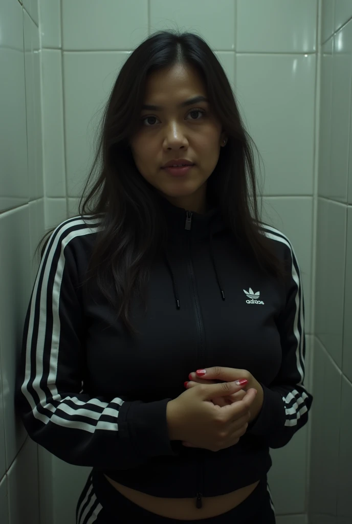  Malay women, adidas black jacket with 
white three stripes,adidas black leggings  with white three stripes,big breasts,holding her breasts,slurring her tongue by drooling, in bathroom,Sweaty face,Anxious face,fair skin and a beautiful face,wearing a black...