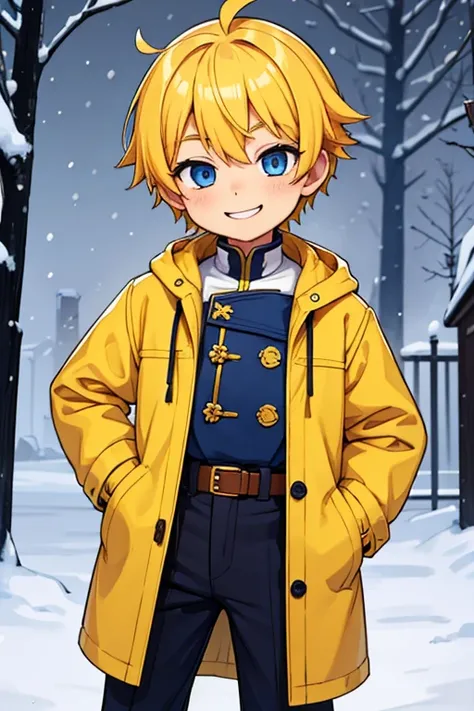 Little shota boy, cute face, yellow hairstyle, detailed body, clothes, coat, blue eyes, smile, modern art, background, snow atmosphere, best quality 