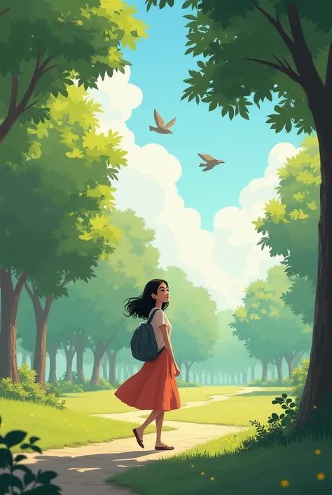 Maya walking in a park, seeing birds flying overhead. She smiles and remembers the sparrow she helped. A peaceful scene with birds in the sky and trees around her.