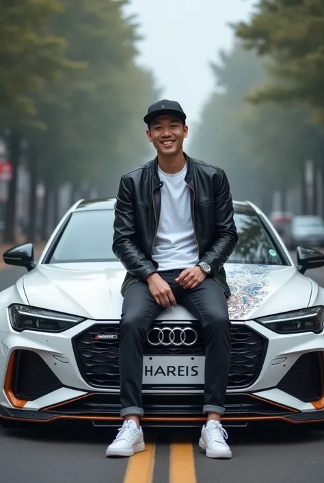  A handsome Asian man smiling sweetly .. short hair, 20 years old,  by casually sitting on the hood of a modified and sleek white Audy R7 sports car,  license plate  "HAREIS",  with a blue and brown batik motif sticker effect ,  featuring a special front b...