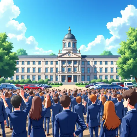 Background School in London.School parking lot,,People cheered,elite school, aesthetic building, morning, Anime style