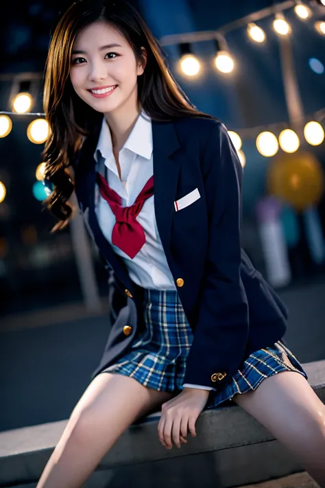 (masterpiece:1.2, top quality ),   blur the background   , one young woman ,((small breast,short school uniform,check mini skirt、loafer uniform、blazer)),(sitting ,from below, spread legs, ,Put your arms on her back ,skirt lift, show off pants:1.4),( her he...