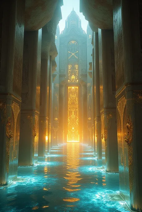 An Atlantean temple constructed of transparent, luminous crystal and gold, standing at the heart of the city. Intricate carvings on the walls depict scenes of Atlantis’s history, and the temple is surrounded by glowing pools of light-filled water."