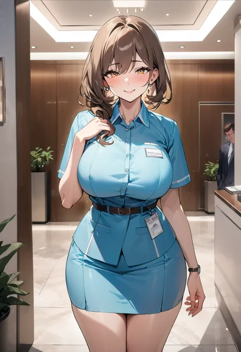 top quality, masterpiece,  high res, 8k,  anatomically correct human body, 1 girl, Alone, mature woman, 輝く瞳, ( with expressive dark brown hangings), ((( bright brown hair ))), Busty Wife, standing, (((cowboy shot))), Receptionists light blue uniform , ( Ri...