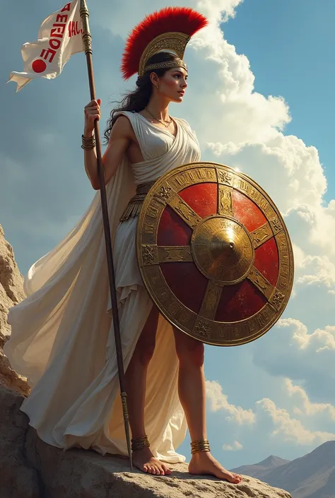 Create me an image of an Athenian ancient women soldier holding a spear and a shield and in the shield the word “VAC” 
Standing the Mount Olympus while a spear with a flag with the word “Freedom” is on her side 