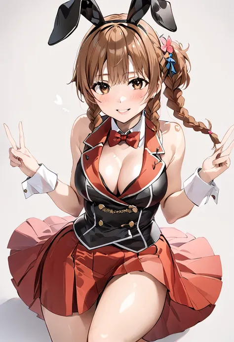  Yukiko Aikina、 brown eyes、 brown hair 、 long hair、bangs、 braids、Best、wrist cuffs、ribbon、 bow tie、 Detachable Collar 、 animal ears 、 skirt、ミニ skirt、 rabbit ears 、 non-traditional playboy bunny、