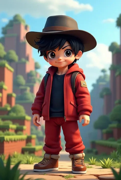 Boy with red jacket ,  red pants , Black Eyes, black hat ,    black shirt ,  brown shoes Minecraft character black hair 