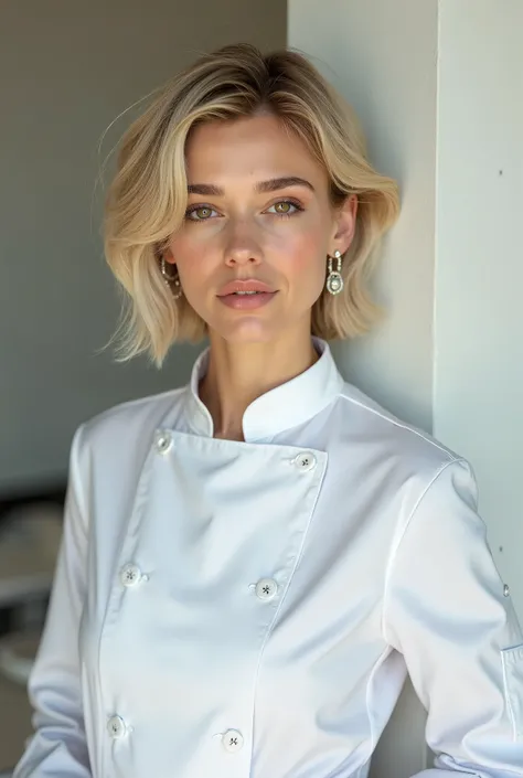 Woman with short blonde hair , with brown eyes and white chefs eyes 