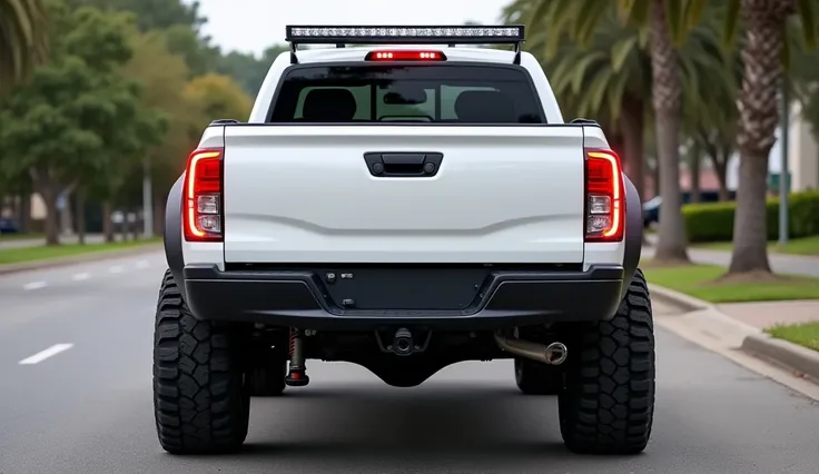 A modified  white Toyota  fg cruiser truck  street close  back back, fully back view 
featuring a sleek design with a prominent black grille and bold LED  backlights. It has oversized black off-road tires mounted on black alloy wheels, enhancing its rugged...