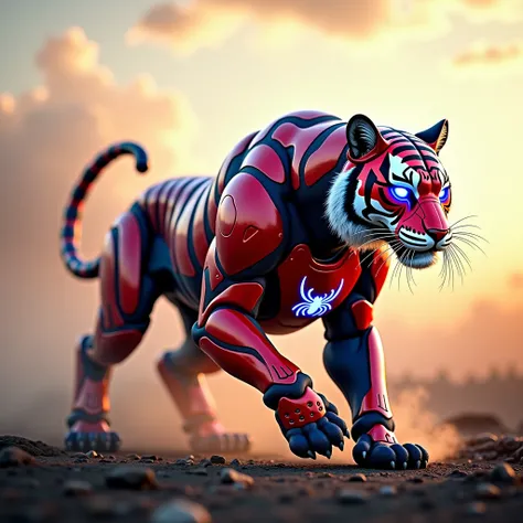 Create a hybrid fusion of spiderman and a tiger in an epic and seamless design. The robotic tiger is armored in a mix of metallic red and blue plating, with spidermans iconic Spider emblem glowing on its chest. Its tail is designed as a shield-like weapon,...