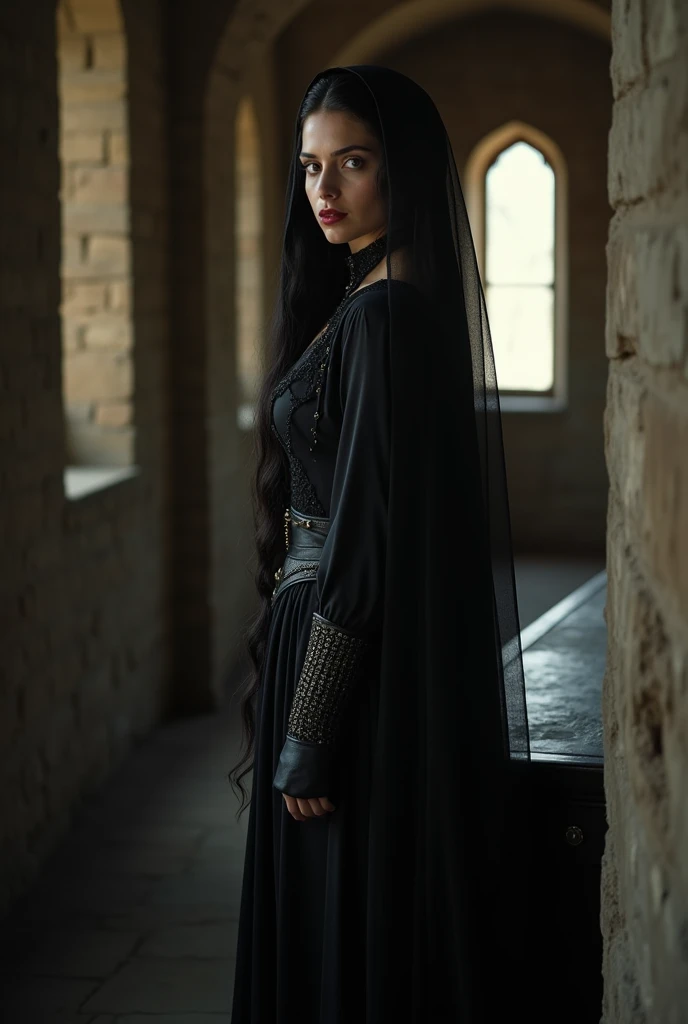 a very young, dark and beautiful french medieval noble woman, she is only 18 years old,(she has very big breasts:1.3), looking very aristocratic, (she has beautiful slanted dark brow eyes:1.3),  leather boots on feet, full body side view, very slender and ...