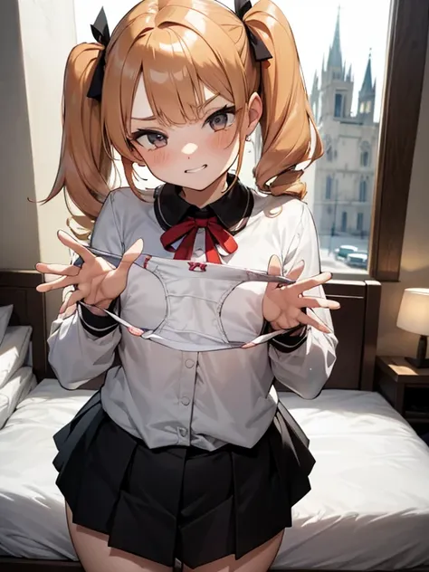  1 girl,
 bedルーム, bed,  LAUNDRY BASKET ,
Blonde, {{{ Half Twin Tails :1.3}}}、break,blush, bow,  red ribbon ,  Long Sleeve ,  shirt, カラー shirt,  skirt, プリーツ skirt, black skirt,  small breasts,
{{{ face close-up }}}, upper body,, panties,High-quality underwe...