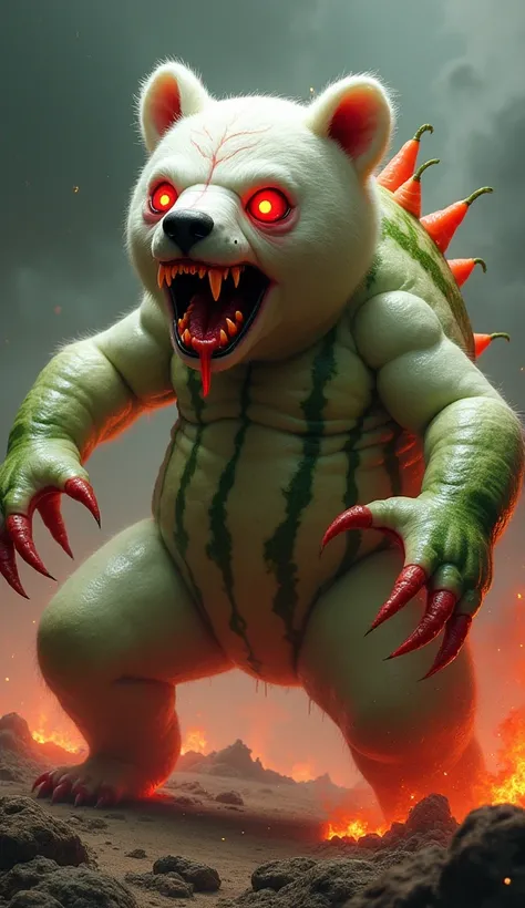 "Create a hybrid creature that seamlessly combines features of a white bear, a watermelon, and a carrot into a single monstrous entity. The body is primarily bear-shaped but covered in a textured watermelon rind, with sharp claws resembling carrot tips. It...