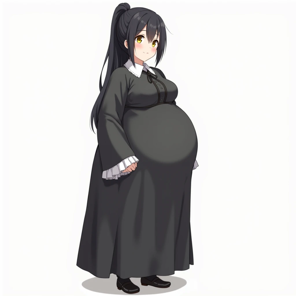 anime girl,  big pregnant, yellow eyes, very big breasts, very big belly , hyper-pregnant girl , the biggest belly , anime style, high resolution, black hair, big breasts, hyper-pregnant girl with a big belly, full height, smile, straightened figure, bulgi...